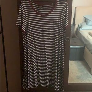 Navy blue /white striped dress w/ maroon accents.